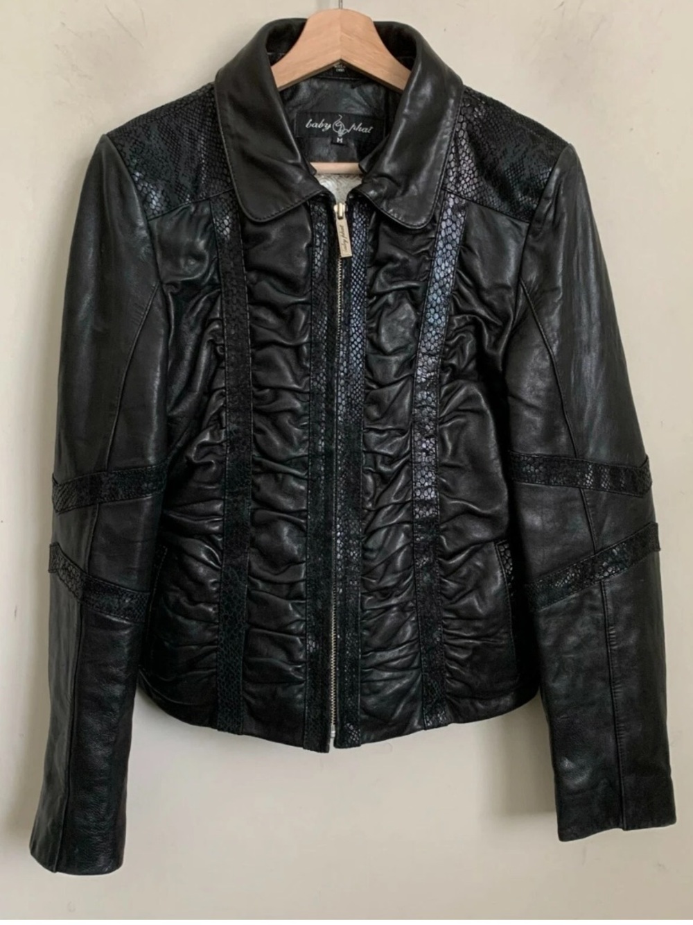 Vintage Y2K Baby Phat Black Leather Ruffle-Front Zip Jacket